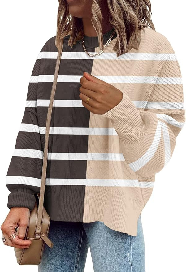 Womens Sweaters Causal Crewneck Batwing Sleeve Knit Top Side Split Oversized Pullover Sweater Loo... | Amazon (US)