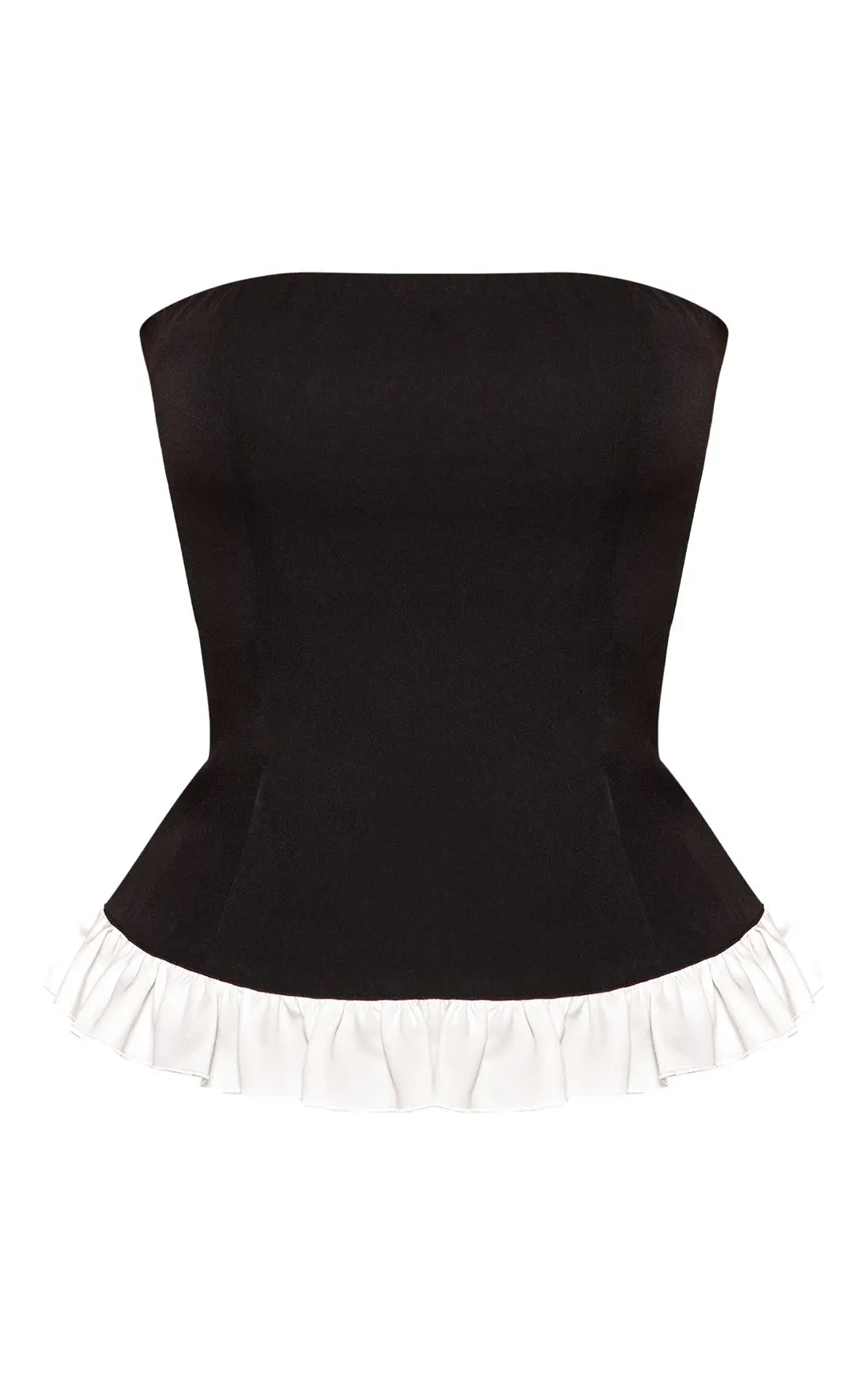 Tops | Petite Black Contrast Frill Hem Bandeau Top | PrettyLittleThing | PrettyLittleThing UK