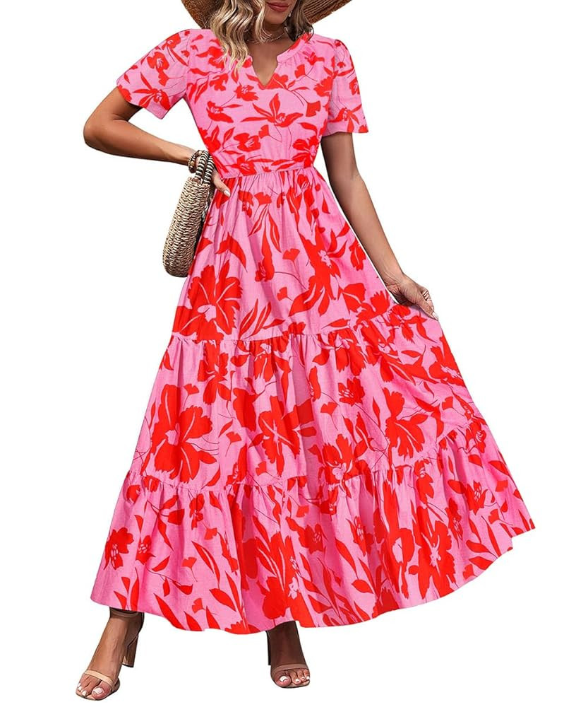 TIYOMI Women Plus Size Dress Boho V Neck Short Sleeve Beach Maxi Dresses Floral/Stripe/Leaves/Lem... | Amazon (US)