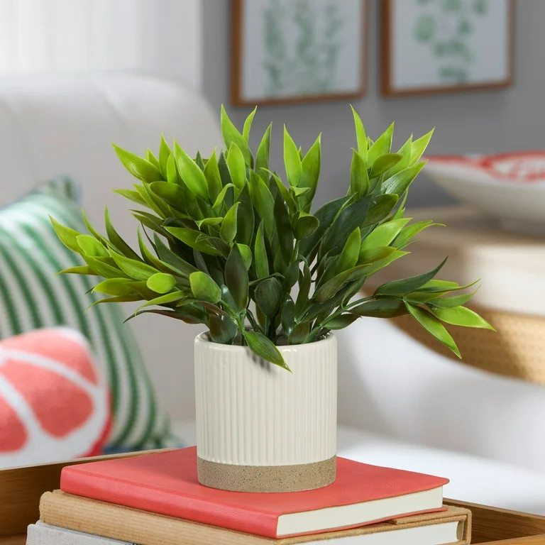 Mainstays by Becky G. & Alejandra 8" Artificial Tealeaf in White Two-Tone Ribbed Ceramic Pot | Walmart (US)