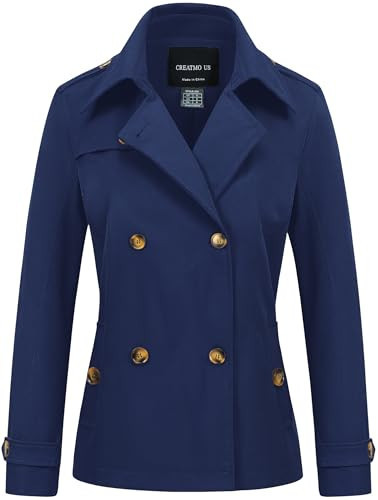 CREATMO US Trench Coat Women Cropped Casual Jackets Women's Coats for Dressy Fashion Double Breasted Lapel Jacket with Pockets Navy Blue L | Amazon (US)