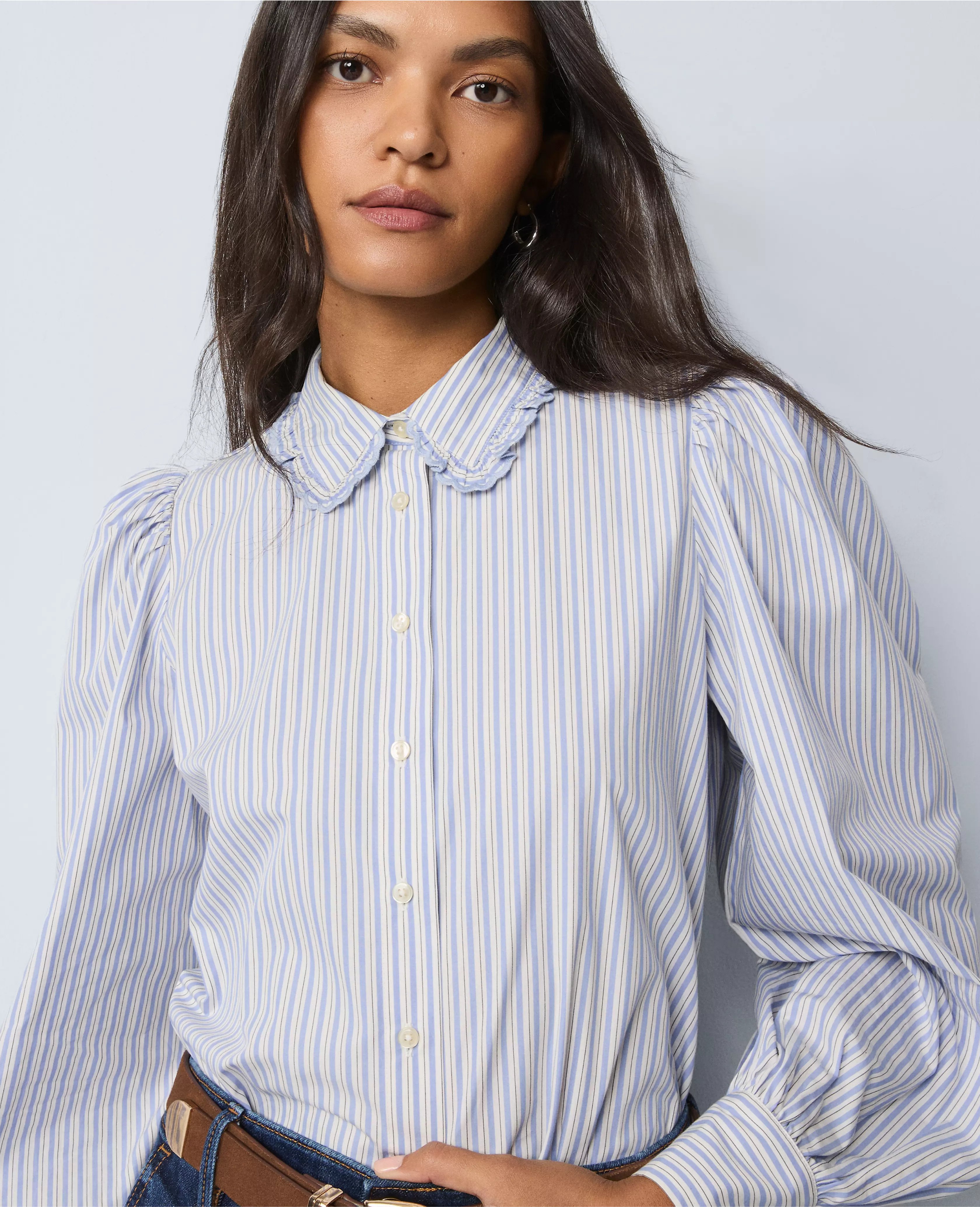 Weekend Collection Striped Ruffle Collar Blouse | Ann Taylor