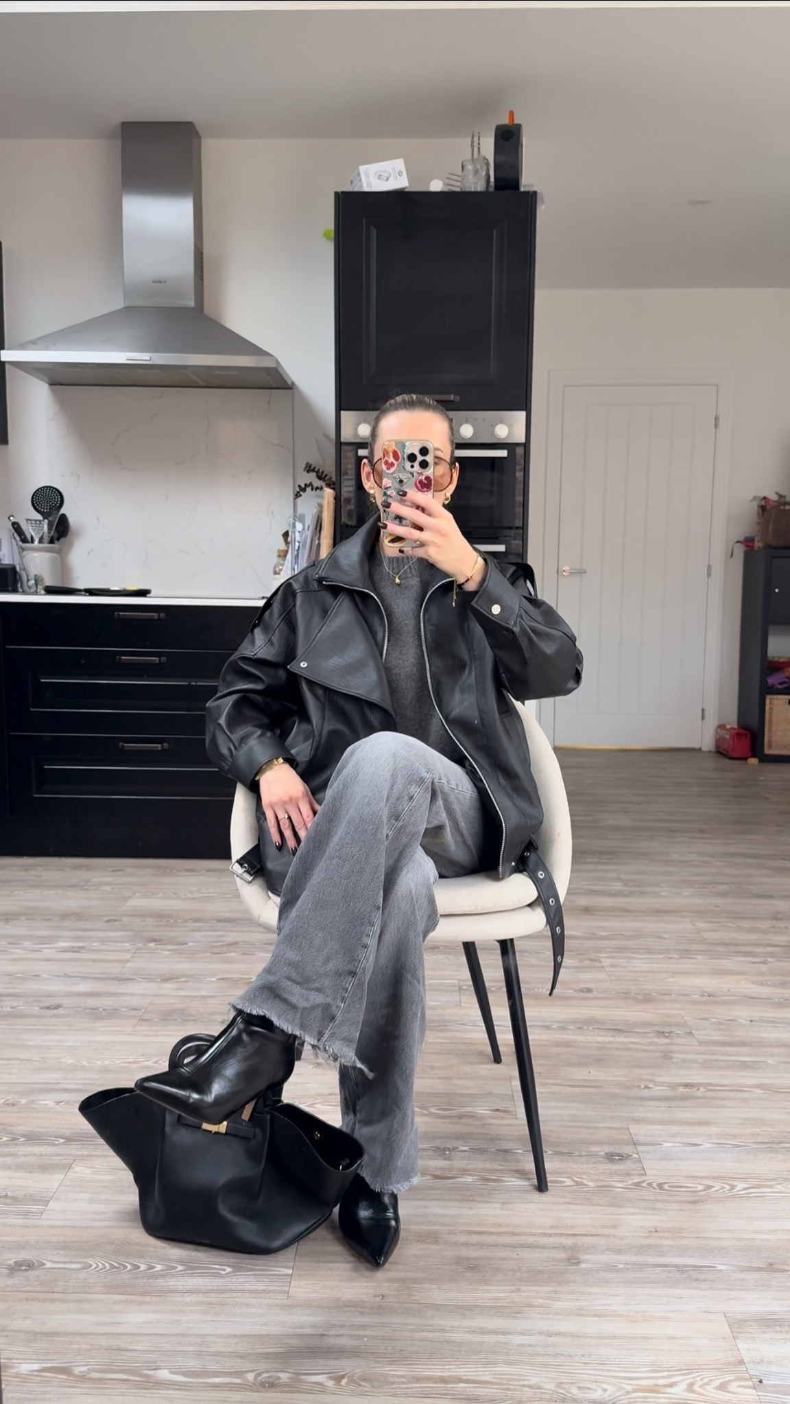 I tonal loom styling washed black jeans a grey know and a black oversized leather look bomber jacket. I love this paired with the pointed heeled boots and the oversized glasses 

#LTKstyletip #LTKautumn #LTKuk