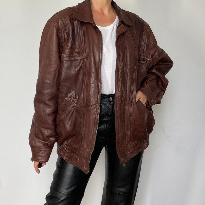 Vintage Unisex brown Leather Bomber Jacket by Heitorn - Oversize Bomber Leather Coat - Crop Motor... | Etsy (US)