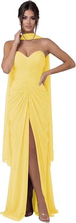 Strapless Prom Dress 2026 for Women Mermaid Chiffon Formal Dresses with Scarf Ruched Evening Gown... | Amazon (US)