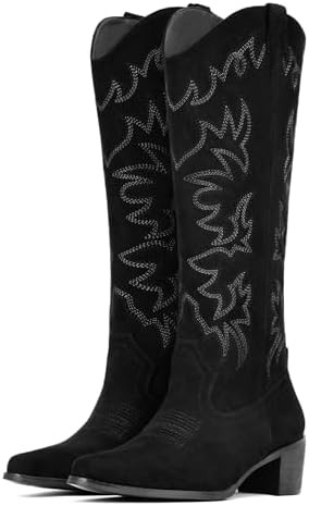 IUV Cowboy Boots For Women Knee High Western Cowgirl Boots Snip Toe Side Zipper Chunky Heel | Amazon (US)
