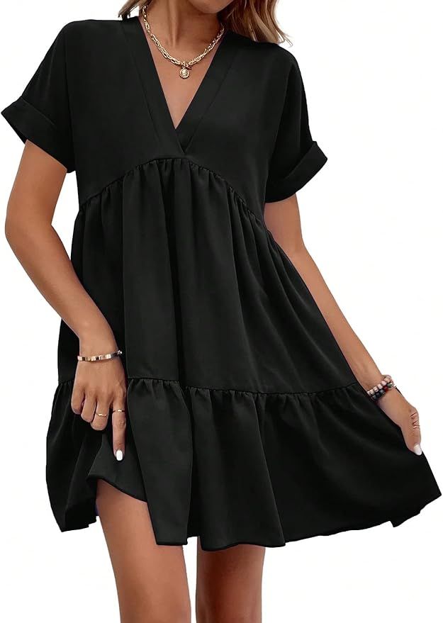 WDIRARA Women's Roll Up Short Sleeve V Neck Ruffle Hem Solid Swing Smock Dress | Amazon (US)