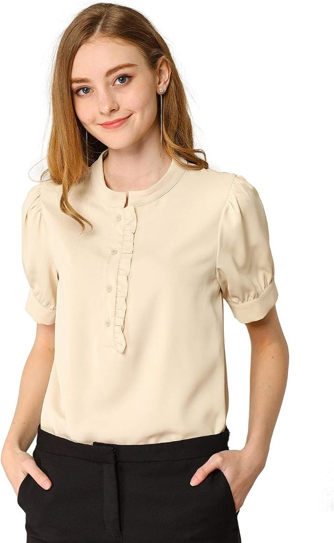 Allegra K Women's 2023 Work Office Top Puff Sleeve Half Placket Ruffled Shirt Blouses | Amazon (US)