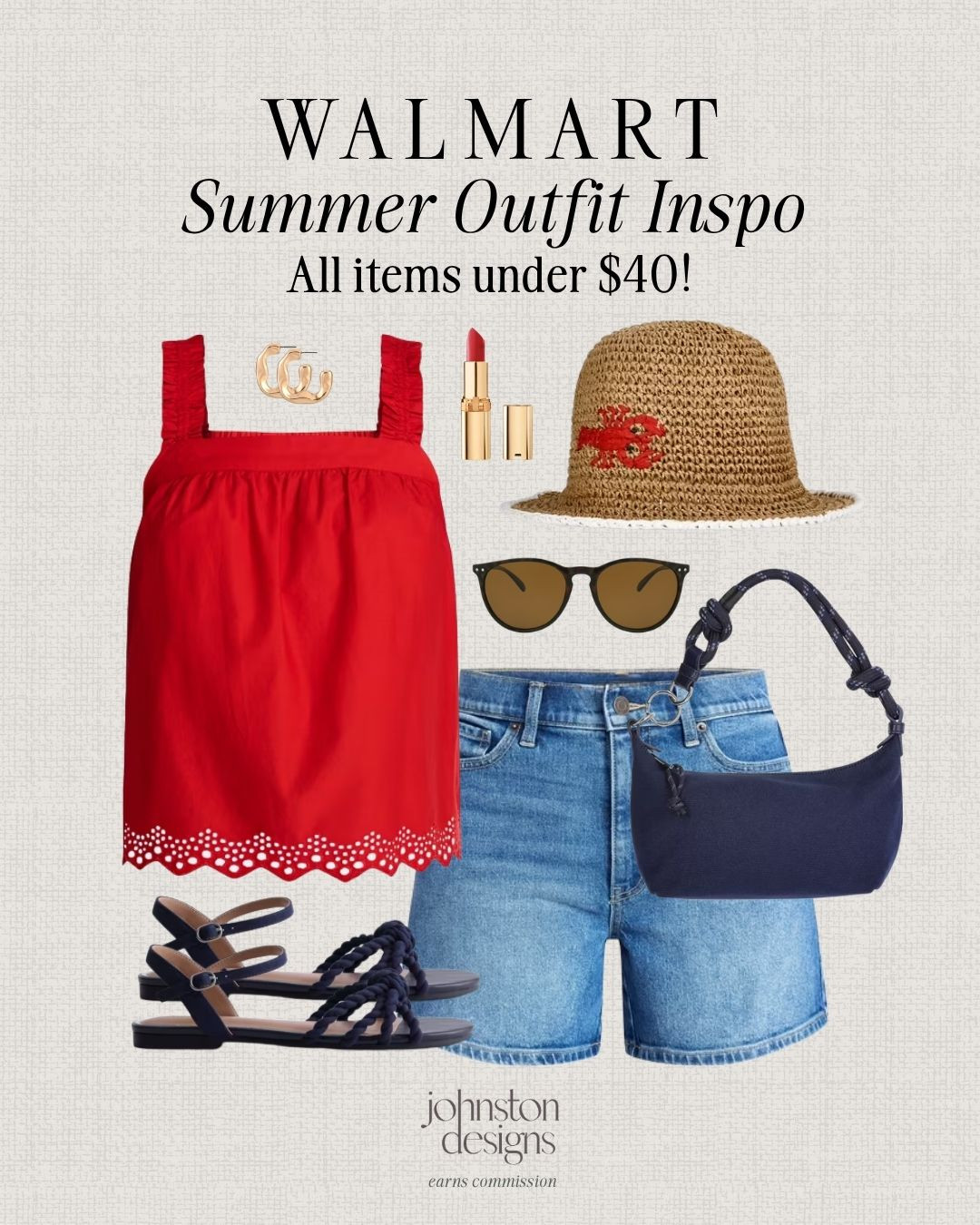 Walmart summer outfit inspo with all items under $40, styled in classic red, denim and navy for easy warm weather days. 🇺🇸

Walmart summer outfit, red eyelet top, denim shorts outfit, navy sandals, straw bucket hat, navy shoulder bag, casual summer style, affordable Walmart fashion, all under $40, Fourth of July outfit, red white blue outfit, everyday warm weather style, budget friendly fashion finds 

 #LTKootd #LTKSeasonal