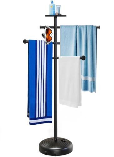 Pool Towel Rack with Wheels for Indoor Outdoor Use, 63 Inch Towel Holder with Storage Tray, 6 Adjustable Bars Hot Tub Accessories, Free Standing Towel Rack for Pool, Spa, Hot Tub | Amazon (US)