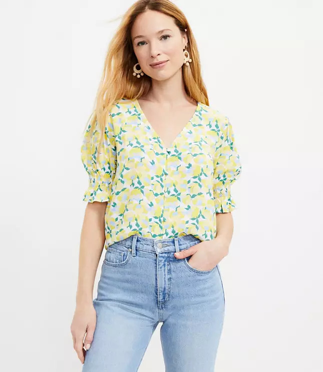 Floral V-Neck Puff Sleeve Top | LOFT