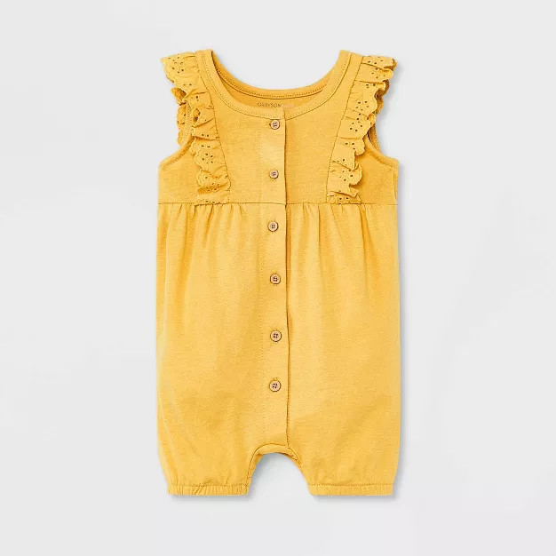 Grayson Mini Baby Girls' Eyelet Shoulder Button-Front Romper - Yellow | Target