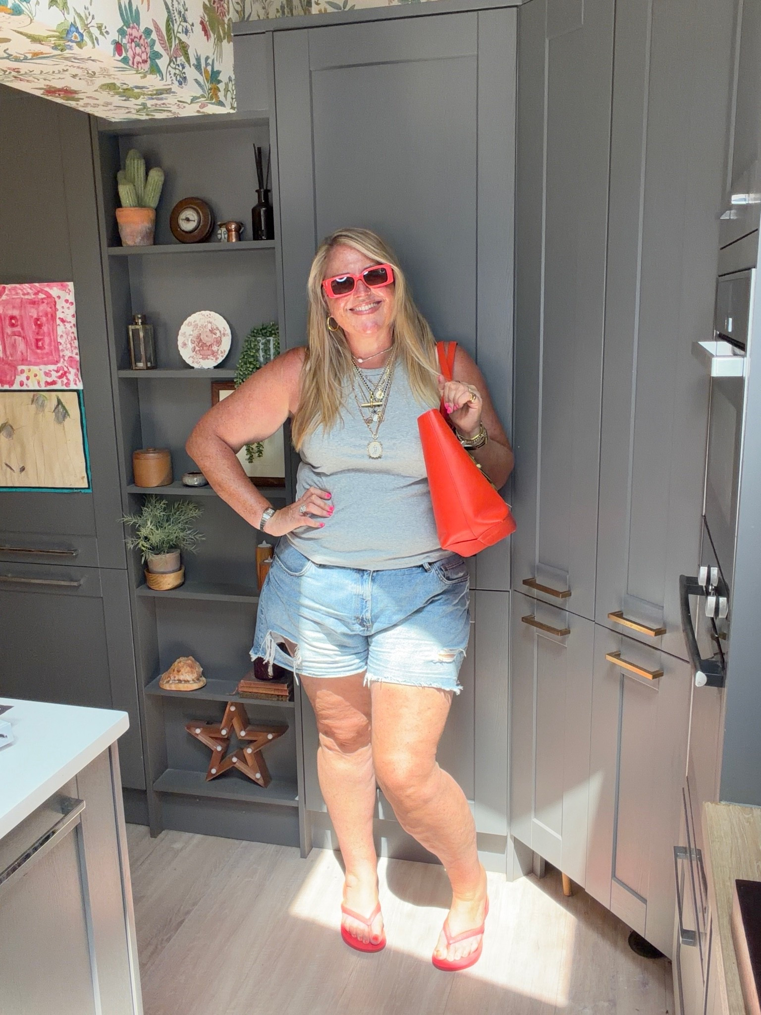 Denim shorts, grey vest, flip flops, sunglasses, tote bag, jewellery

#LTKsummer #LTKplussize #LTKstyletip