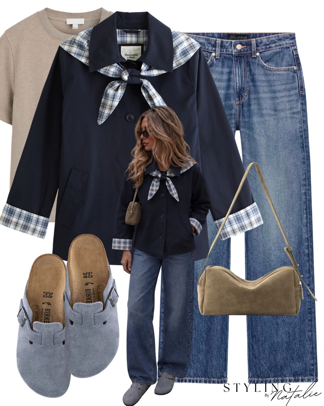 Checked scarf detail trench jacket, dark denim jeans, blue suede Birkenstock clogs, beige t-shirt and suede bag.
Casual chic, autumn outfit, fall look, everyday style.

#LTKuk #LTKeurope #LTKautumn