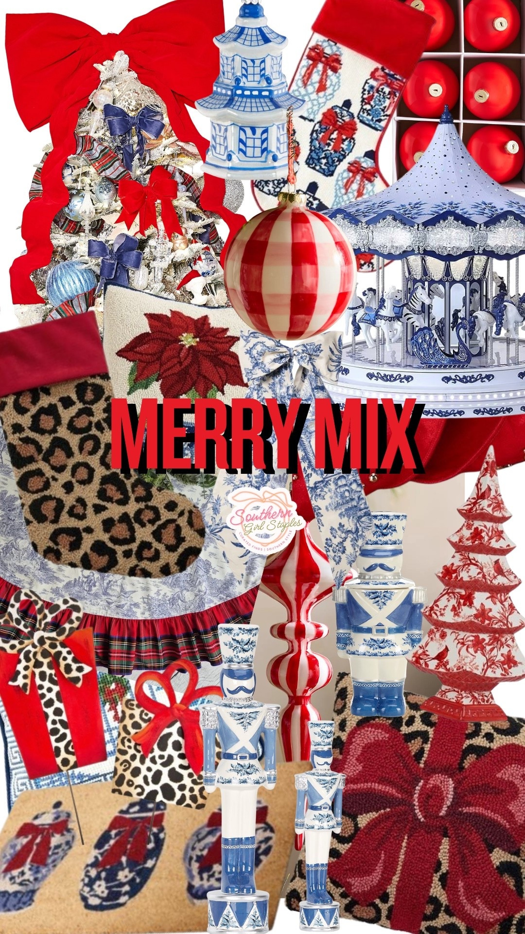 🎄 MERRY MIX 🎄

Where leopard meets toile and holiday tradition gets a bold makeover! ❤️💙🐆 This Christmas mood board is all about mixing prints, patterns, and personality — think chinoiserie blue, southern red bows, and a touch of wild flair for that perfectly “extra” tree moment.

✨ Style Tip:
Pair timeless blue-and-white ginger jars with red ribbon, plaid, and pops of leopard for a festive look that feels both classic and unexpected.

🎁 It’s traditional, it’s trendy, and it’s totally Southern Girl Staples.

#MerryMix #SouthernGirlStaples #ChristmasDecor #HolidayHome #GrandmillennialChristmas #BlueAndWhiteChristmas #PatternPlay 

#LTKHome #LTKHoliday #LTKSeasonal