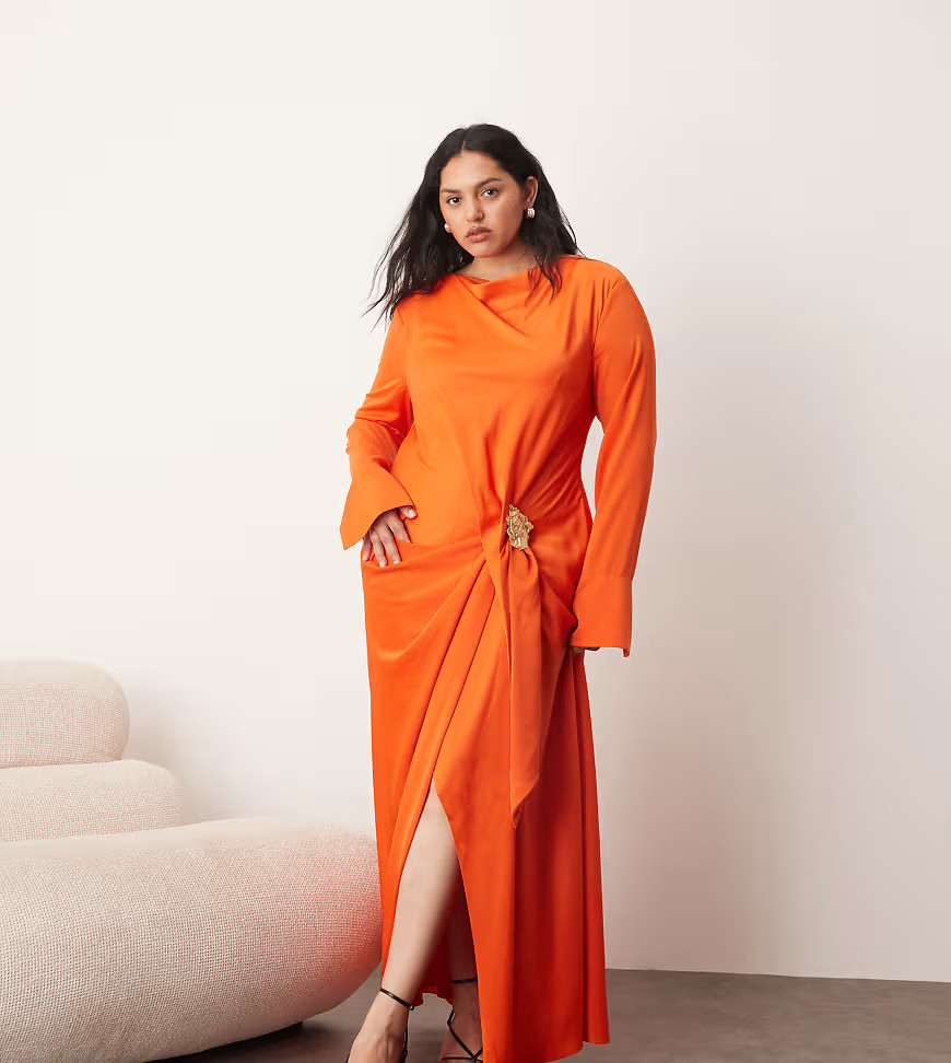 ARRANGE Curve long sleeve draped maxi dress with molten metal trim in orange | ASOS (Global)