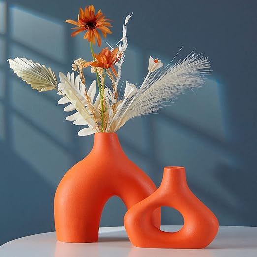 Serwalin Orange Ceramic Vase Set 2 for Modern Home Decor, Round Matte Donut Vases for Pampas Gras... | Amazon (US)