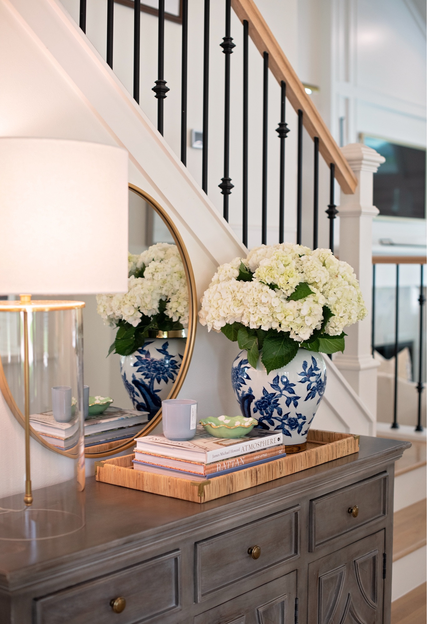 Entryway styling for spring!

Grandmillenial 
Coastal
Blue and white
Woven 
Tray styling 

#LTKMostLoved