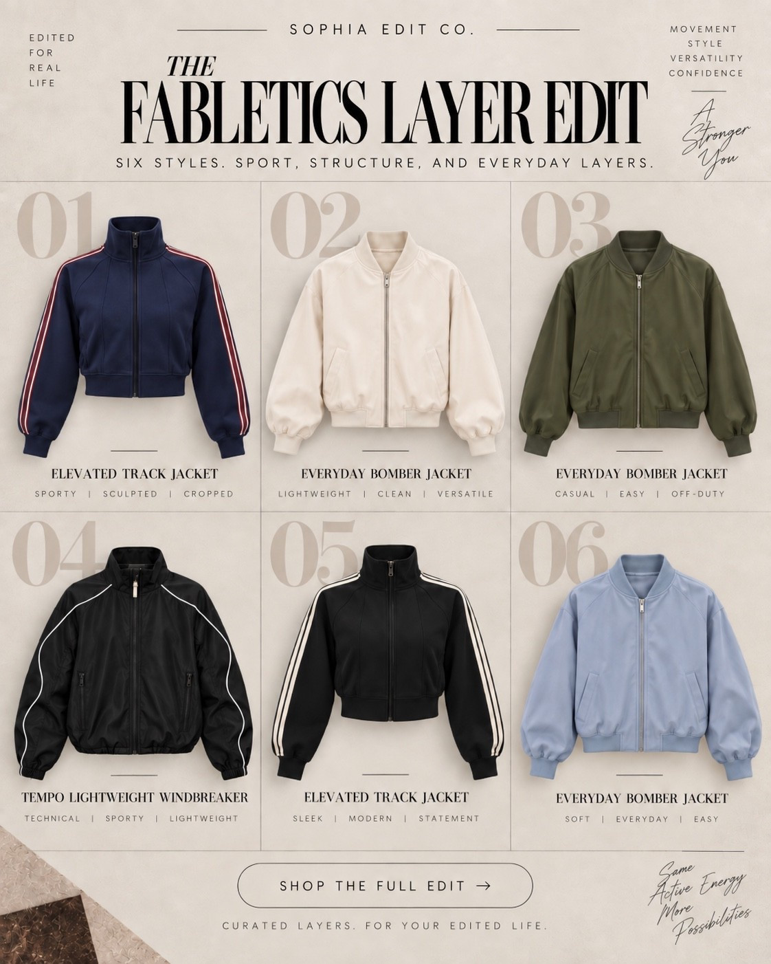 The Fabletics Layer Edit.
Sporty layers, clean lines, and easy throw-on pieces that can move between workouts, errands, travel, and everyday life. I pulled together six jackets I’d actually reach for — from cropped track styles to lightweight bombers and windbreakers.

#LTKootd #LTKActive