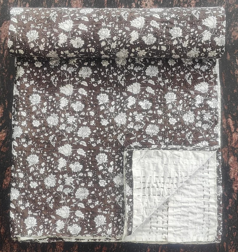 Chocolate Dark Brown Kantha Quilt 2 Standard Size Pillow Cover 20x26 Inches Free for All Size Qui... | Etsy (US)