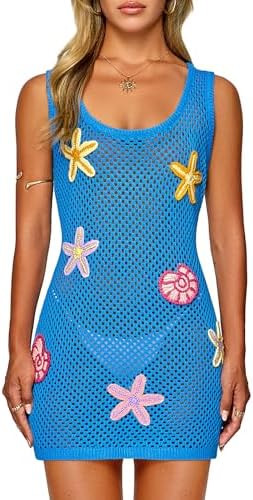FAIRY SEASON Women's Crochet Beach Cover Up with 3D Starfish & Shells, Sleeveless Mini Dress for ... | Amazon (US)
