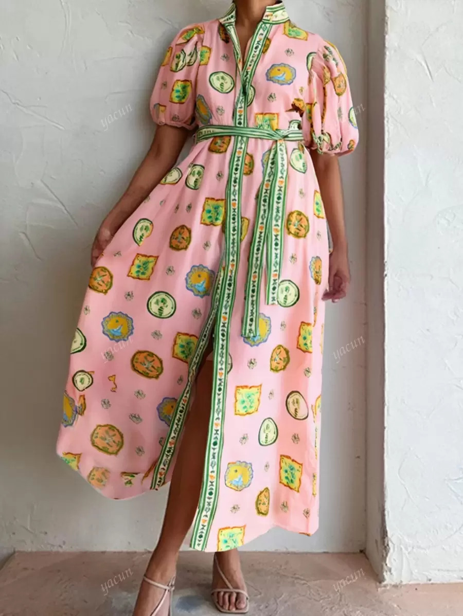 Spring/Summer Boho Bohemian Style Commute Printed Lantern Sleeve Stand Collar Casual Waisted Loos... | SHEIN