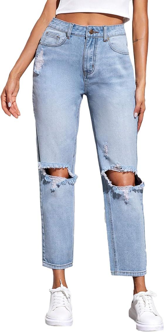 SweatyRocks Women's Ripped Boyfriend Jeans Distressed Denim Ankle Length Jeans | Amazon (US)