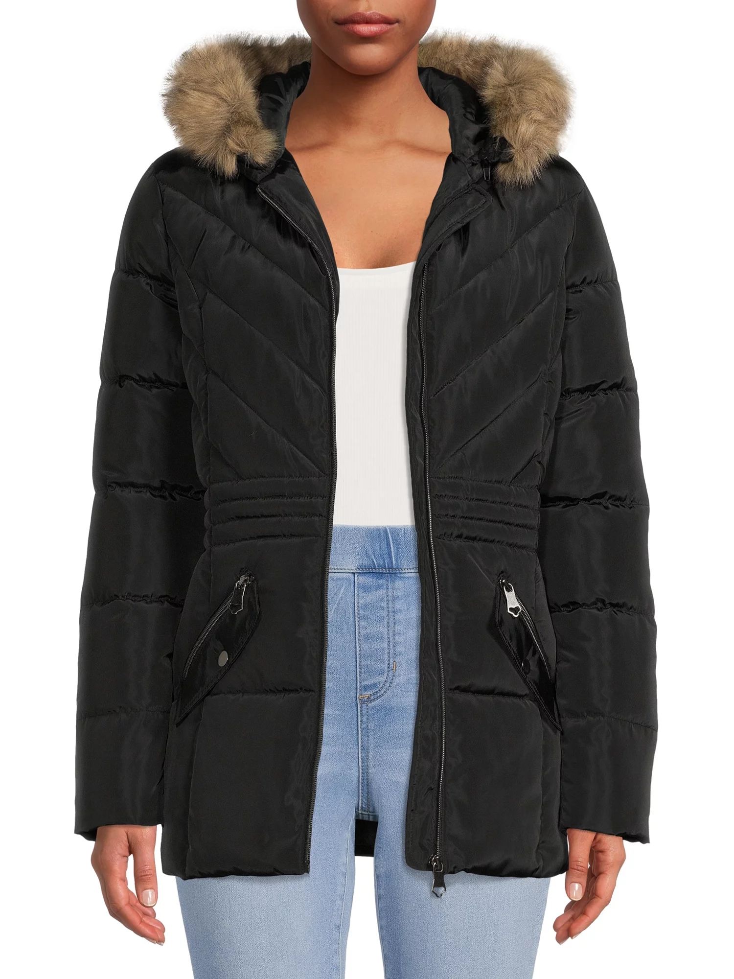 Big Chill Women's Quilted Puffer Jacket with Faux Fur Trim Hood - Walmart.com | Walmart (US)