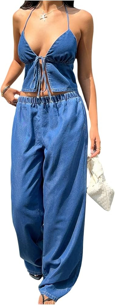 OYOANGLE Women's 2 Piece Denim Outfit V Neck Tie Front Cami Crop Top and Wide Leg Jeans Y2K Going... | Amazon (US)