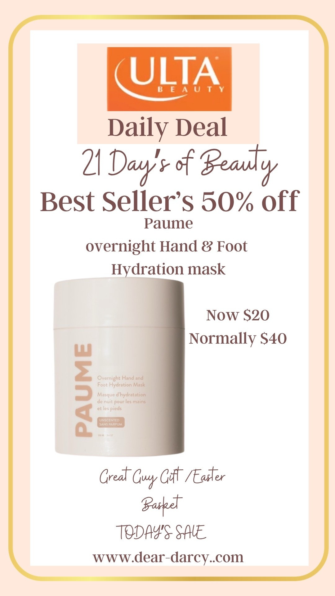 50% off Beauty Sale

Ulta 21 days of Beauty sale 
My pick of the day Paine overnight 
Hand and foot moisturizer Hyde mask 

Now $20 
Normally $40 

Grab a few for gifts or Easter basket stuffer 


#LTKSaleAlert #LTKOver40 #LTKBeauty