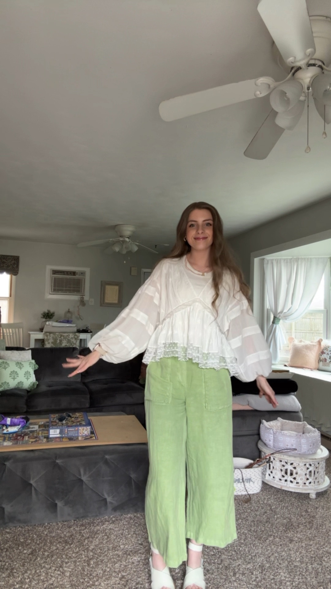 OOTD 4/24/25

White flowy balloon sleeve peplum top, white lace detail babydoll top, white linen summer top long sleeve, green flowy beach pants, lime green linen pants for summer, cropped culotte pants, tall girl friendly style, ivory and brown sandals, platform ankle strap sandals, leather sandals unique style, gold accessories 