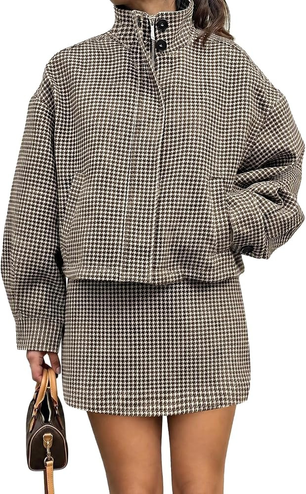 Tankaneo Womens 2 Piece Skirt Sets Plaid Bomber Jackets and Mini Skirts | Amazon (US)