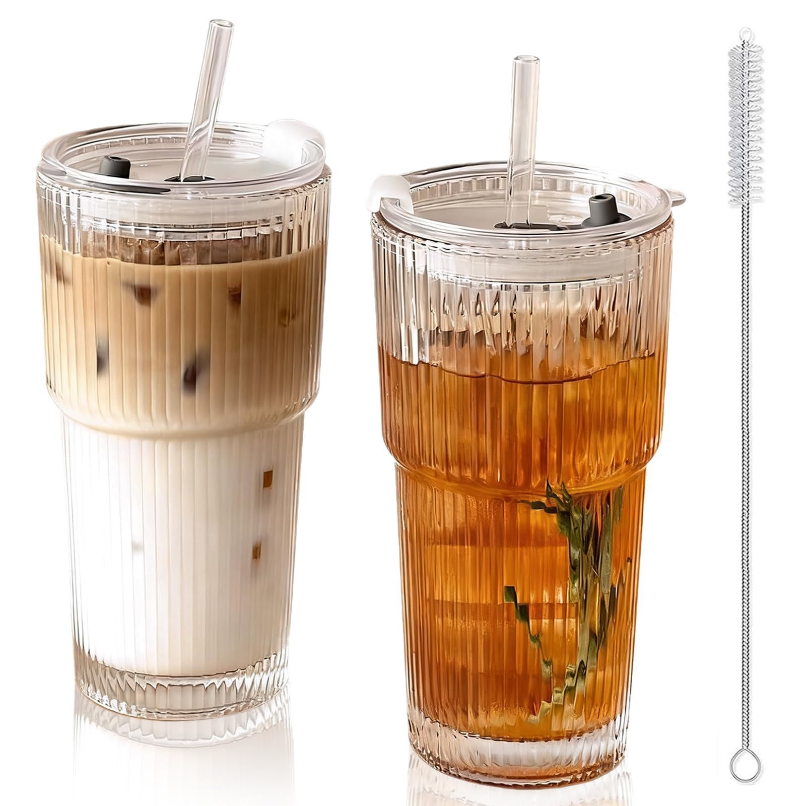 2 Pack Iced Coffee Cup with Lids, 20oz Clear Glass Tumbler with Straw & Lid, Ribbed Glassware Cup... | Amazon (US)