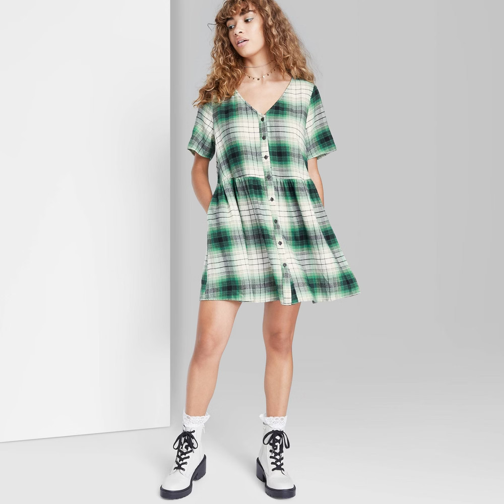 Women's Short Sleeve Button-Front Woven Shirtdress - Wild Fable Green Plaid S | Target
