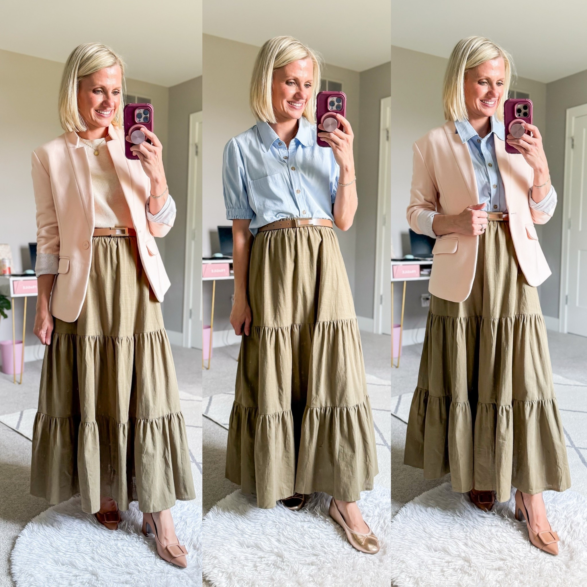 Teacher outfits with a green maxi skirt! Skirt- small || chambray shirt- small || sweater top- small || blazer- xsmall 

#LTKWorkwear #LTKStyleTip #LTKPetite