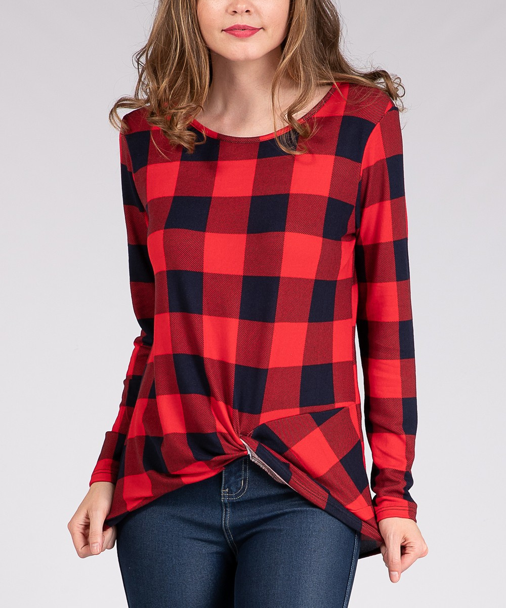 Fashionomics Women's Tee Shirts RED - Red Plaid Twist Sidetail Top - Women | Zulily