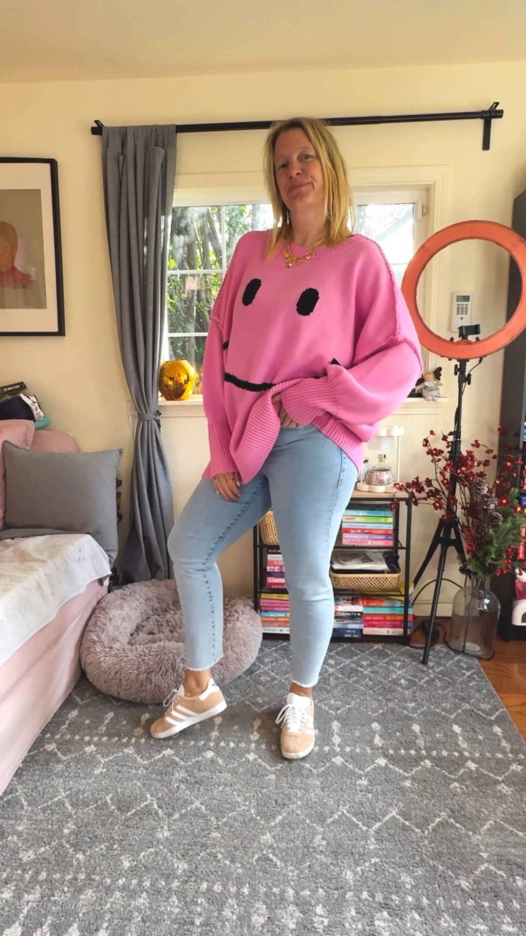 In love with this oversized smily sweater. Could I have sized down? Definitely, but I love the oversized look. 

Sweater l/xl
jeans 10
shoes 7.5



#LTKSaleAlert #LTKStyleTip #LTKOver40