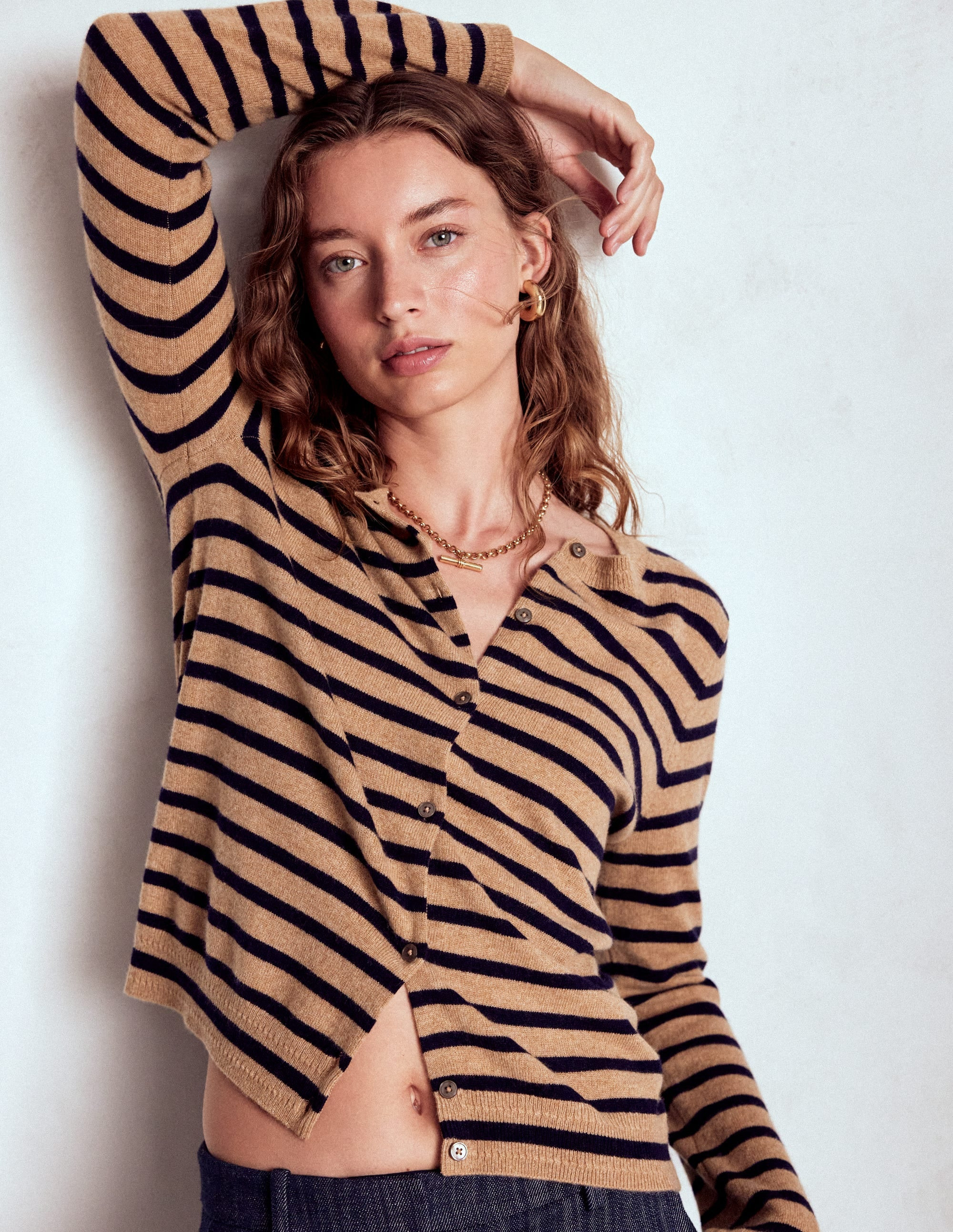 Eva Cashmere Crew Cardigan-Camel Melange/Navy Stripe | Boden UK