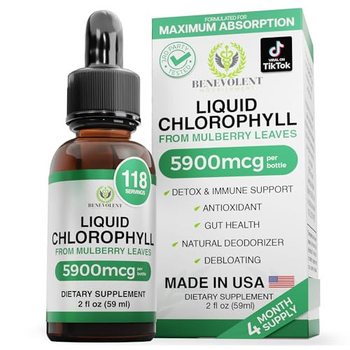 Benevolent Chlorophyll Liquid Drops – Detox & Immune Support, Internal Deodorizer & Skin Health Supplement, Non-GMO, 4 Month Supply, Natural Mint Flavor | Amazon (US)