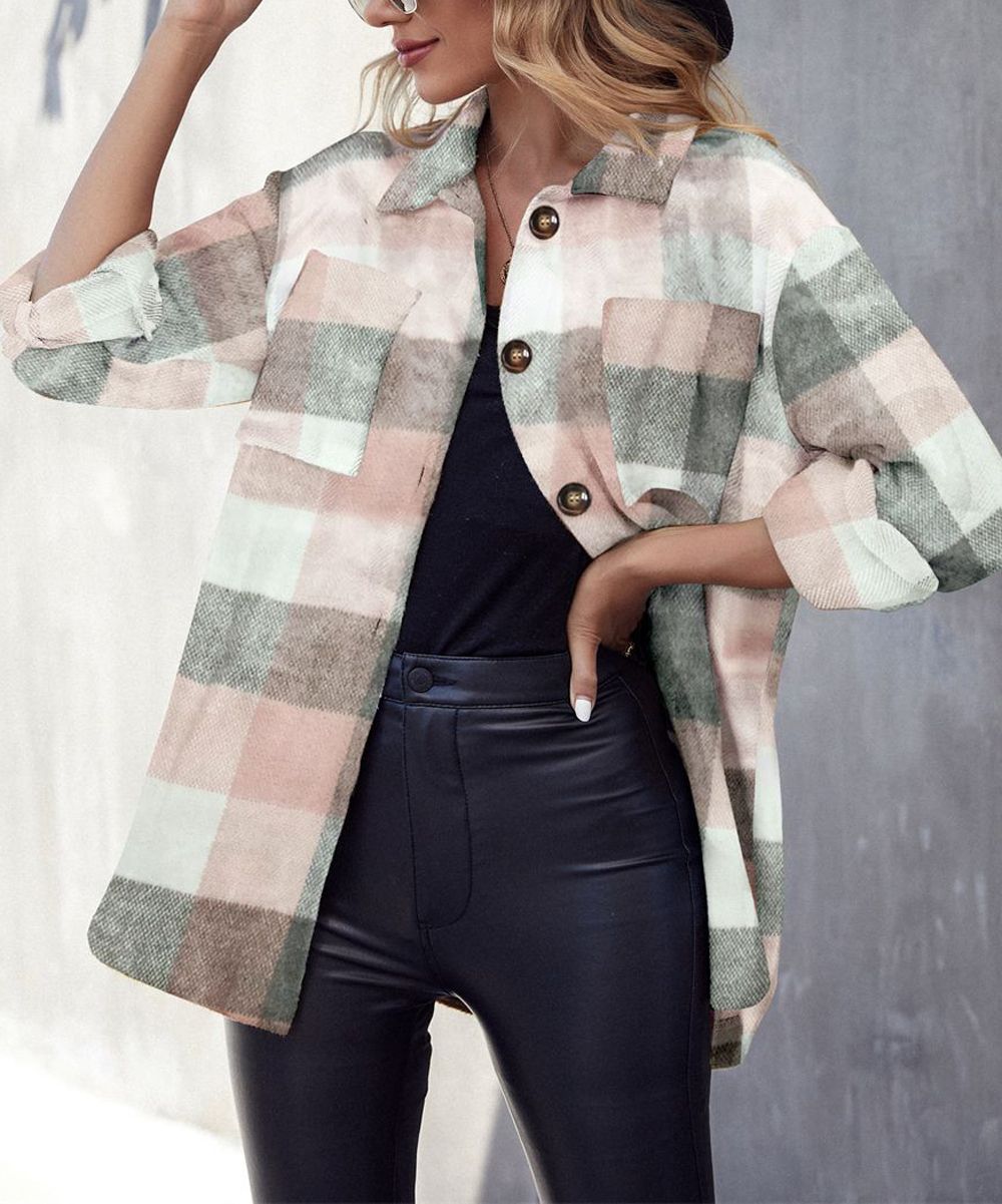 La Mode Women's Non-Denim Casual Jackets Pink - Pink Plaid Button-Up Pocket Shacket - Women | Zulily