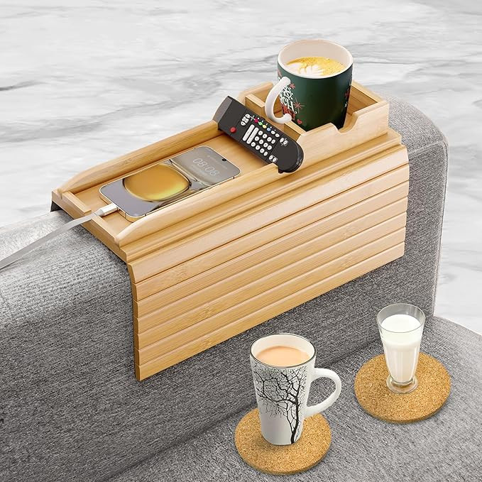 Bamboo Couch Cup Holder with 2 Cork Coasters | Couch Caddy with Detachable Couch Cup Holder Tray ... | Amazon (US)