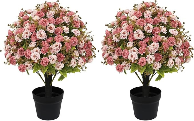 24" Artificial Flowers for Outdoors, UV Resistant Faux Pink Potted Mums | Amazon (US)