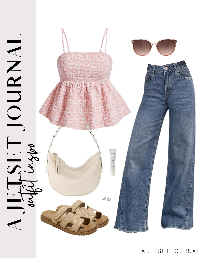A pink babydoll peplum top matched with high-waisted wide-leg jeans from Trendy Queen. You can use this textured sling purse from The Sak to add efficient hands-free storage. Throw on these Project Cloud sandals and studs for styling, then apply this protective lip coat before heading out.

#LTKSeasonal #LTKSaleAlert #LTKTravel 

 