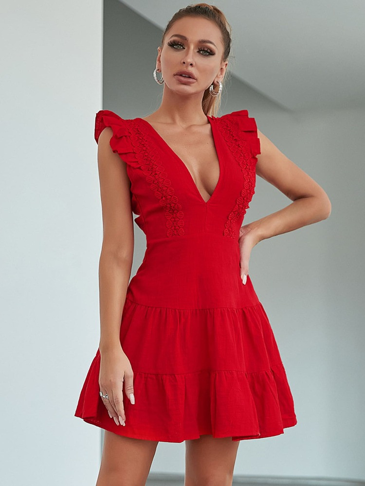 Butterfly Sleeve Lace Trim Ruffle Hem Dress | SHEIN