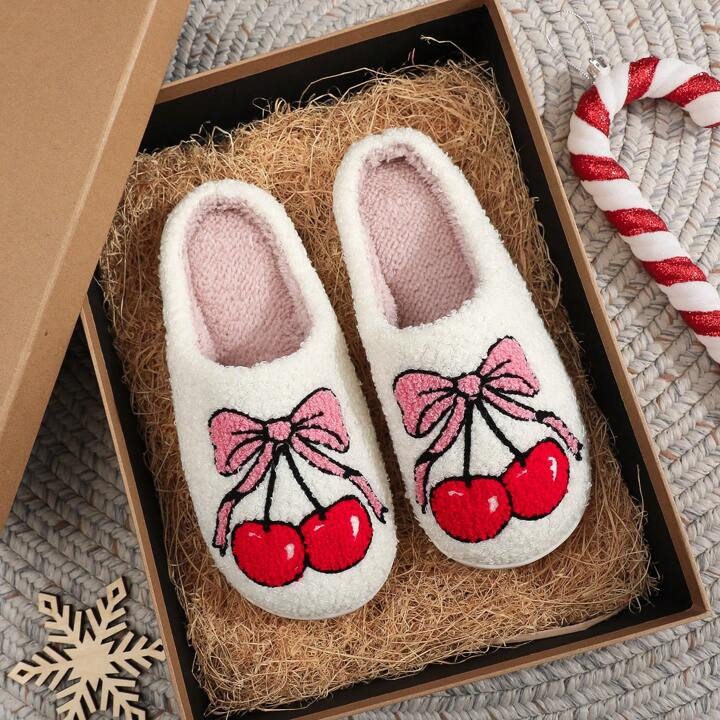 Women's Winter Warm Embroidered Cute Fruit Cherry Bow Pattern Thick Bottom Plush Slippers, Christ... | SHEIN