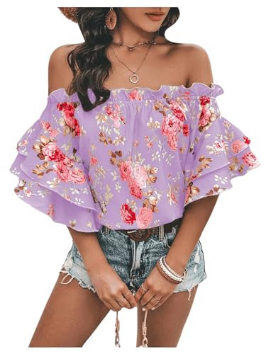 SOLY HUX Women's Floral Print Blouse Off Shoulder Ruffle Trim Half Sleeve Summer Tops Purple Floral Medium | Amazon (US)