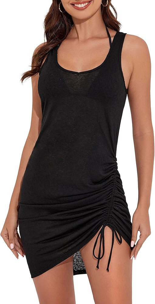 Women's Sleeveless Swimsuit Coverup Sheer Beach Cover Up Drawstring Tank Bathing Suit Cover Up | Amazon (US)