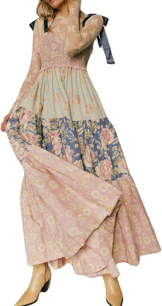 Women Boho Tie Shoulder Maxi Dress Y2k Floral Smocked Long Dress Sleeveless Flowy Summer Vacation... | Amazon (US)