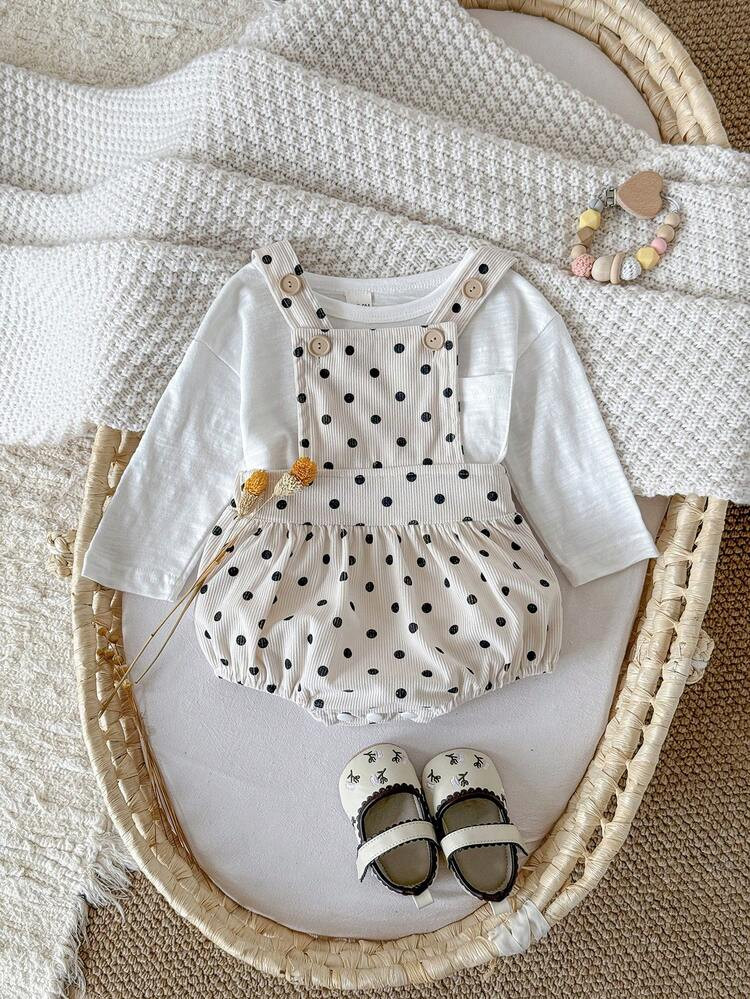 Baby Girls' Cute Polka Dot Print Corduroy Romper, Spring/Autumn | SHEIN