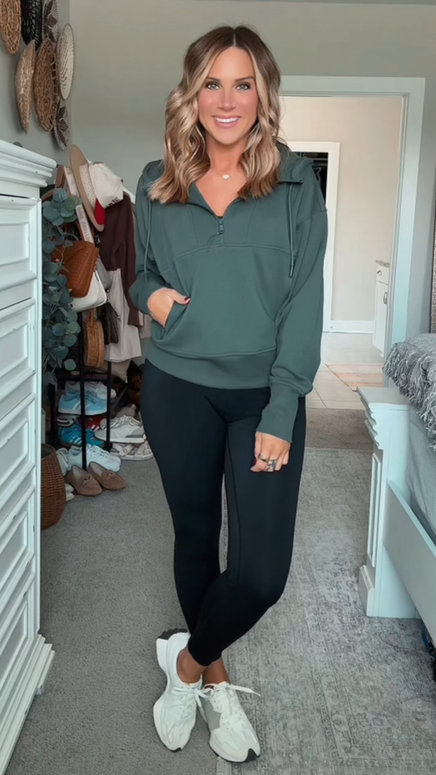 I told you, this green color is the color of the fall season! I love everything about this half zip from Old Navy! Comfy, cropped right, and affordable. Paired with the workout leggings, this athleisure outfit is a casual mom’s dream! Mix and match with tons of color options.

#LTKMidsize #LTKActive #LTKFitness